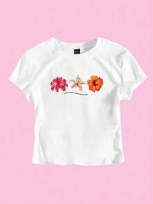 Camiseta corta de verano de mujer con estampado de flor de hibisco, estilo Y2K con abdomen descubierto, de manga corta, blanca, tipo baby camiseta - Blanco 2 - Ver 3