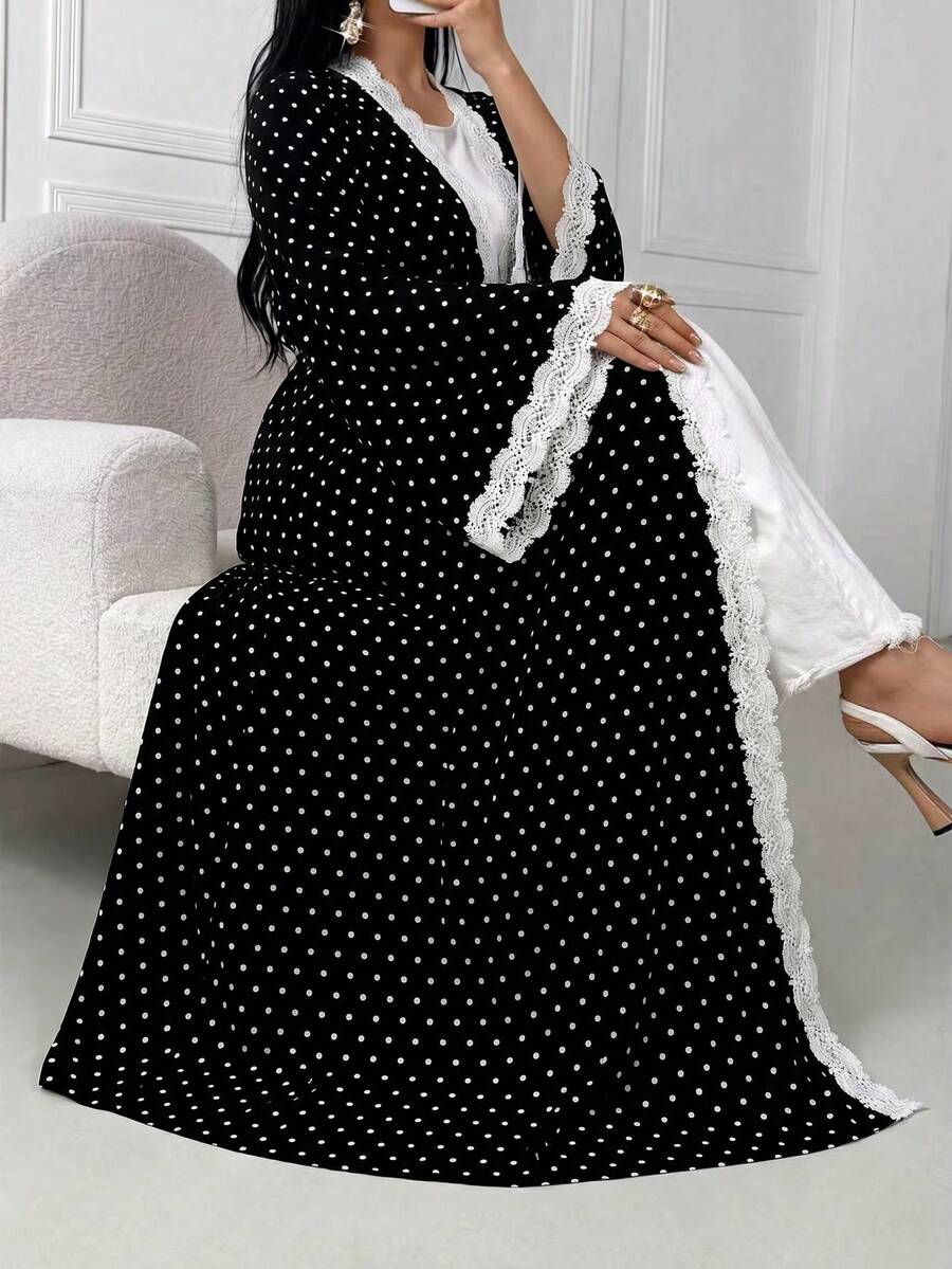 Áo khoác Abaya nữ thanh lịch với họa tiết chấm bi và ren phối hợp. - Nhiều màu - Xem 1