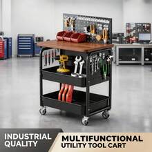 Heavy-Duty Mobile Tool Cart, Three-Tier Multi-Functional Tool Storage Cart, Equipped With Pegboard Storage Rack, Solid Wood Workbench, And Lockable Caster Wheels. Suitable For Garages, Workshops, Auto Repair Shops, And Warehouses. Industrial-Grade Storage Rack. - White - View 3