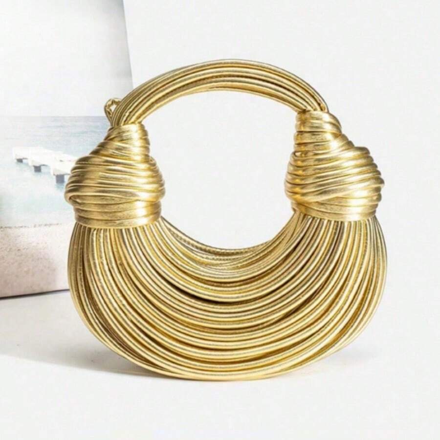 Popular Personalized Woven Handmade Bends And Hitches Packs Ramen Dumplings Clouds Women Hand-Carrying Crossbody Bag,Chic Circular Woven Handle Bag - Metallic Gold Finish, Stylish Party Accessory Hand-Woven Bread Women's Clutch Top Handle Satchel Shoulder Crossbody Creative Noodles Purses Underarm Bag Handbag - Vàng - Xem 1