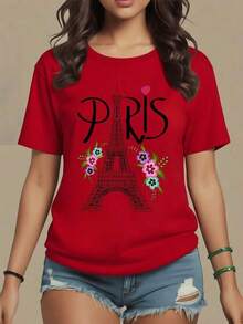 The Image Shows The Eiffel Tower Surrounded By Colorful Flowers That Symbolize The Romance And Elegance Of Paris. 100% Cotton Women's Round Neck T-Shirt, Comfortable And Casual, Maija Women's Curvy. - 紅色 - 查看 9