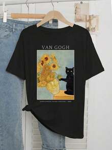 Camisetas manga corta mujer Camiseta casual 100% algodón para mujer, de manga corta y cuello redondo con divertido estampado de girasoles de Van Gogh y gato negro, top negro suave, transpirable y de corte holgado, estética artística, ropa gráfica diaria para damas. - Negro - Ver 3