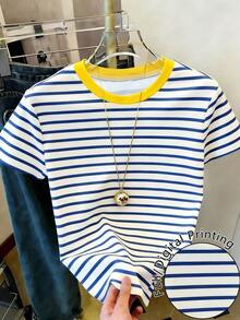 Camiseta de mujer de manga corta con cuello redondo y estampado floral, casual de verano - Multicolor 8 - Ver 4