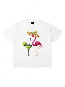 Mother's Day Set: Airlia Fran Women's V-Neck T-Shirt - Tropical Flamingo Print Cocktail Party Top -  White Casual Top - Machine Washable T-Shirt For Everyday Wear, Vacation, Wardrobe, Fun Print, Breathable Fabric, Short Sleeve, Women's Top For Fashion Enthusiasts - 黑色 - 查看 2