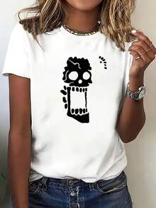 Camiseta deportiva holgada de manga corta y cuello redondo para mujer con diseño de calavera sorprendida - Blanco - Ver 3