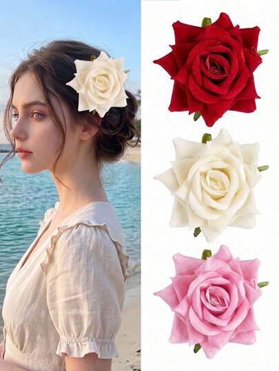 3pcs Rose Flower Hair Clips, Suitable For Daily Wear, Hair Claws, Hair Slide, Hair Barrettes, Hairpin, Flower Hair Accessories For Girl Flamenco Dancer Bridal Party Wedding