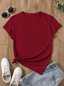 Camiseta casual versátil de mujer talla grande de cuello redondo y manga corta, de color liso - Burdeos - Ver 6