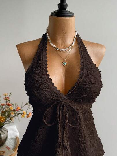 Rusttydustty Plus Size Women Textured Front Tie Halter Top Summer