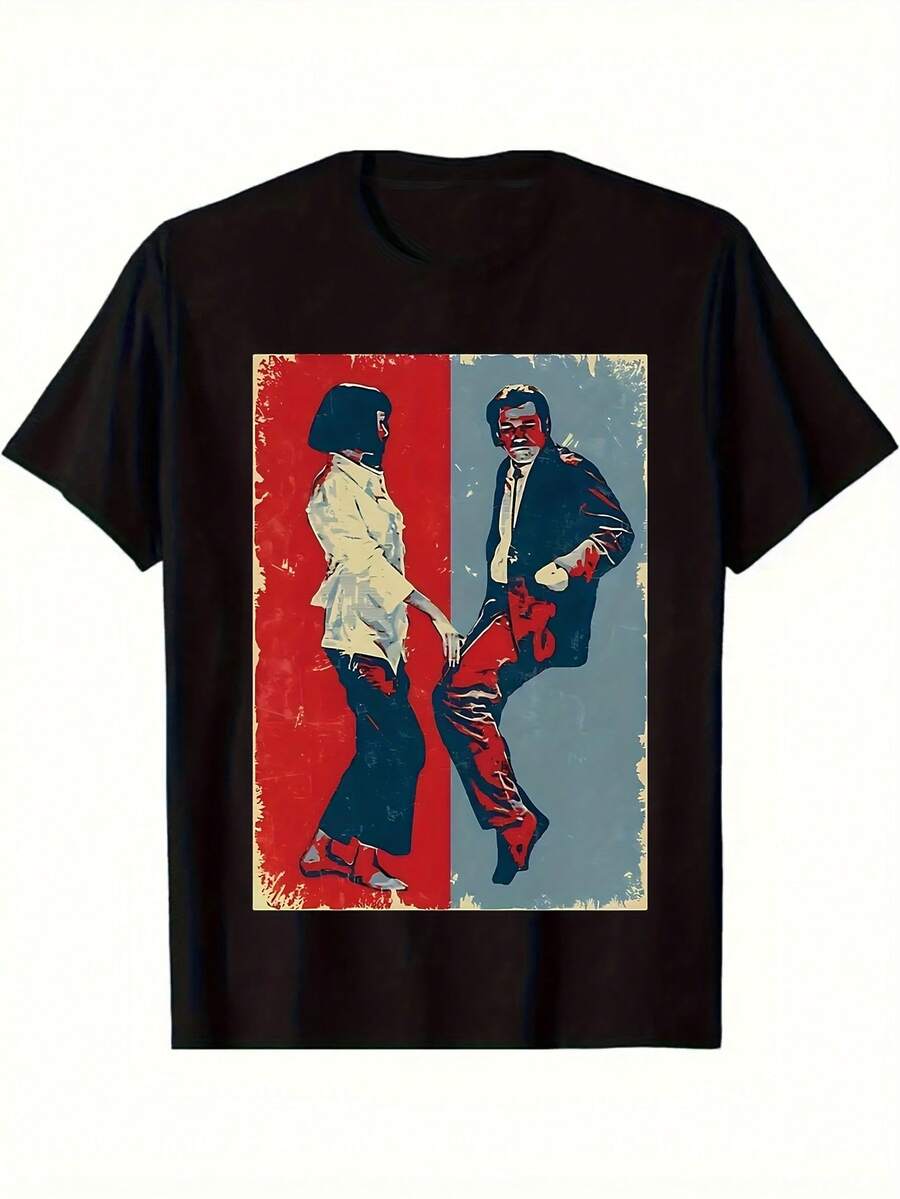 Women's Casual Graphic T-Shirt 'Pulp Fiction' - Classic Movie Character Print, Retro Black Style, Comfortable And Casual, Perfect For Everyday Wear, Ideal Birthday And Party Gift, Versatile Vintage Pulp Fiction Design With Bold Color Blocks, 100% Cotton, Durable - 黑色 - 查看 1