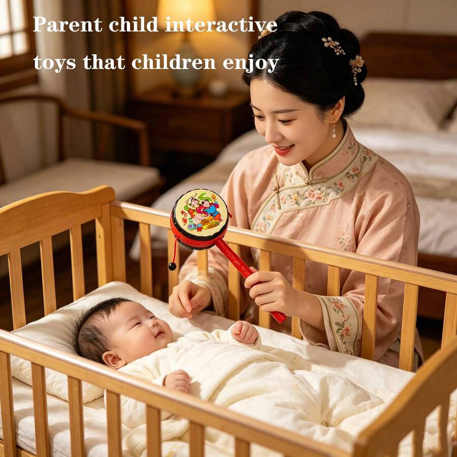 传统中国吉祥摇铃鼓,儿童手摇铃安抚玩具,适合3岁以上儿童生日礼物,经典怀旧玩具,复活节彩蛋填充物 - 彩色 - 查看 1