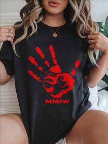 Women's Casual Short Sleeve T-Shirt - Red Hand Print With Woman's Face And Mmiw Text, Round Neck, Summer Top, Machine Washable, Ladies' T-Shirts, Casual Wear, Modern Style, Comfortable Fit

-White - 黑色 - 查看 7