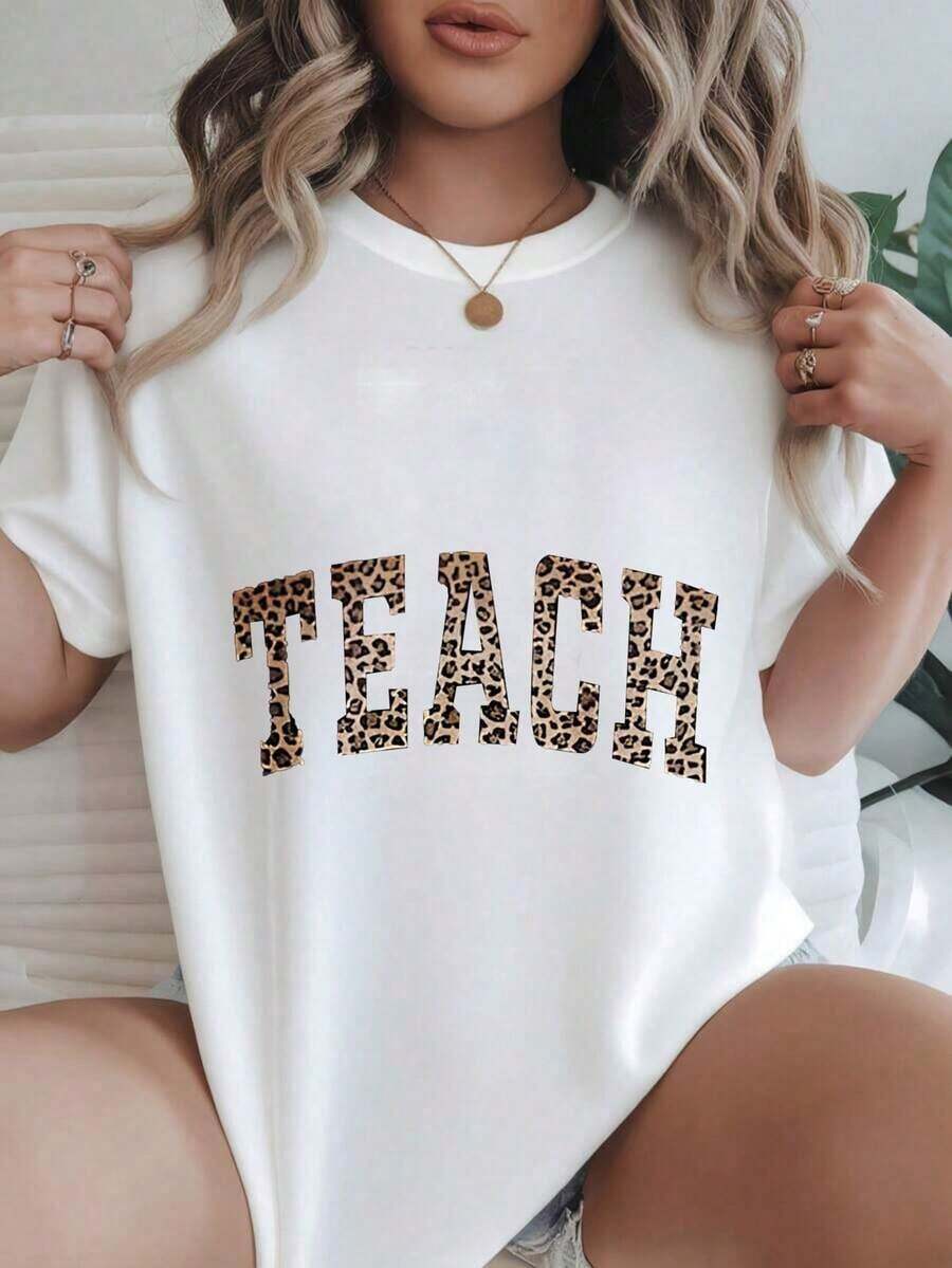 Women's Casual Short Sleeve T-Shirt - White Leopard Print T-Shirt, Round Neck, Summer Top, Machine Washable, Ladies' T-Shirts, Casual Wear, Modern Style, Comfortable Fit
-White - 白色 - 查看 1