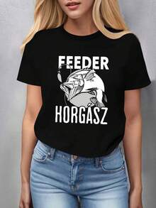 Women's Humorous Polish T-Shirt - Latin Phrase "Fedder Horgerz" And Polish Lettering, Casual Short Sleeve Top, Funny Gift For Polish Students And Poles, Machine Washable White T-Shirt - 黑色 - 查看 5