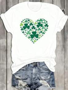 Camiseta con diseño de corazón de trébol para mujer |   Blanco, corte casual regular, comodidad para todas las estaciones, ideal para regalos, cuello redondo, mangas cortas, tela ligeramente elástica, estilo urbano. Adecuado para primavera, verano y otoño. - Blanco - Ver 1