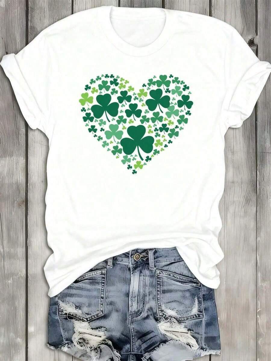 Camiseta con diseño de corazón de trébol para mujer | Blanco, corte casual regular, comodidad para todas las estaciones, ideal para regalos, cuello redondo, mangas cortas, tela ligeramente elástica, estilo urbano. Adecuado para primavera, verano y otoño. - Blanco - Ver 1