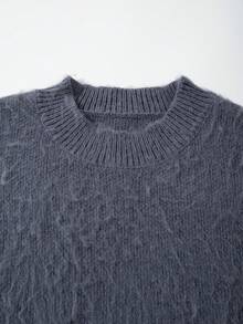 ANDREILEE Grey Fleece Solid Color Minimalist Men's Sweater, Fashionable Casual Vacation Daily Commute Office Home Wear Loose Fit Crew Neck Long Sleeve Pullover - Grey - View 4