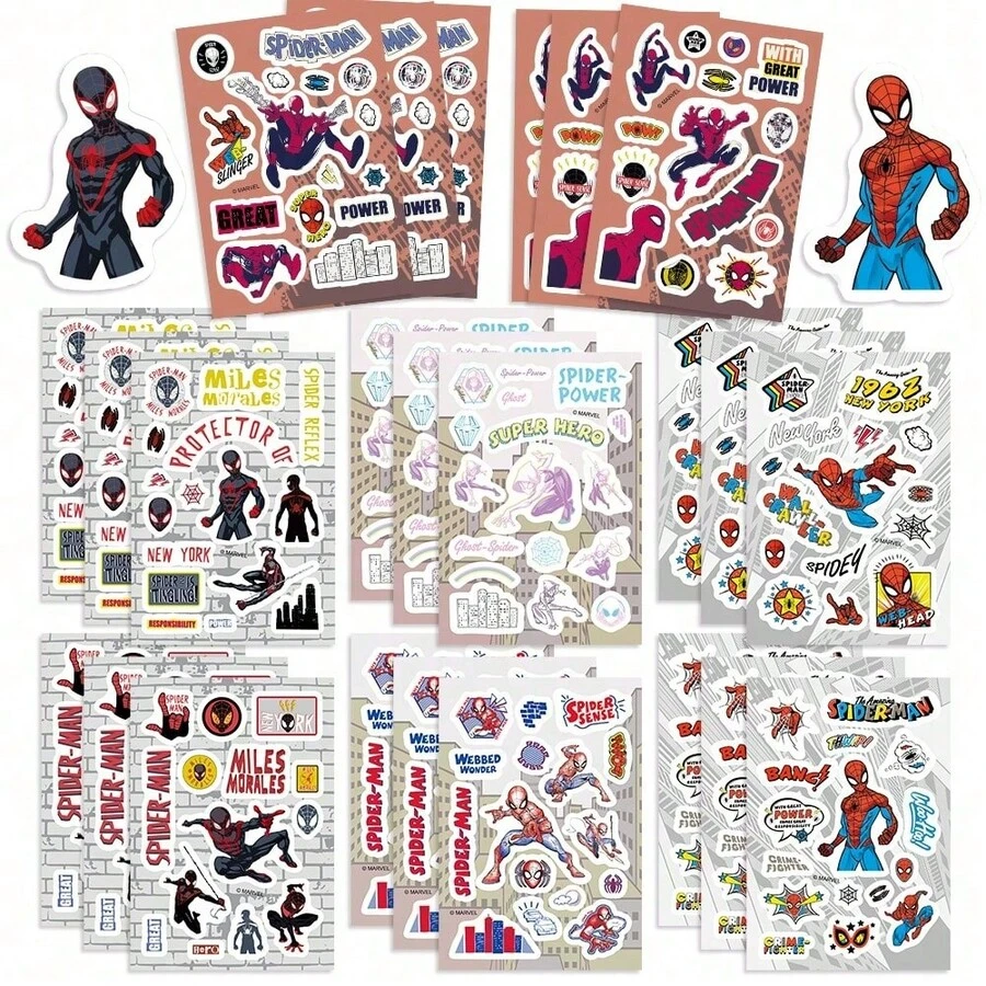 Marvel Bộ 8 miếng dán chủ đề Người Nhện, kết hợp các nhân vật và khẩu hiệu trong Vũ trụ Người Nhện, chất liệu vinyl chống thấm nước, thích hợp cho việc tự làm đồ thủ công và trang trí. - Nhiều màu - Xem 1