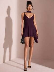 Vestido corto de gasa con escote en V profundo y cinta de color negro sólido, adecuado para citas diarias, salidas nocturnas, discotecas, fiestas, reuniones, fiestas de cóctel, monos de vacaciones, fiestas en la piscina, ropa de oficina, vestidos para ir y venir - Granada - Ver 5