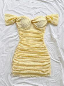 Vestido mini ajustado de punto rojo con hombros descubiertos para mujer, diseño con espalda calada, adecuado para vacaciones, citas, té de la tarde, temporada de bodas, playa, crucero, vacaciones en la ciudad, vacaciones bohemias, festivales de - Amarillo - Ver 4