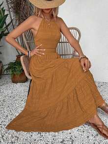 MEXBreezaya Vestido de verano con textura para mujer, de unicolor, con tirantes en la espalda y dobladillo con volantes, perfecto para looks de vacaciones - Vestido largo para vacaciones y playaMEX OAU3 - Multicolor - Ver 9
