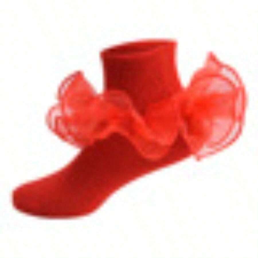 Calcetines casuales para niñas de color sólido con volantes, 1 par - Rojo - Ver 1