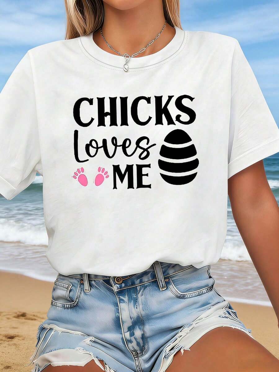 Talla, camiseta gráfica para mujer CHICKS Plus Size Chicks & Chicks Loves ME - Blusa casual de manga corta y cuello redondo, atuendo casual de primavera/verano adecuado para conjuntos de primavera/verano, blusa de talla lavable aáquina para el trayecto diario y fiestas - Blanco - Ver 1