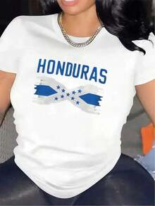 Premium Women's Short-Sleeved T-Shirt With A Honduran Flag Design, Made Of Lightweight Fabric, Suitable For Wearing At Home Or Casual Outings To Restaurants. Offering Durability And Comfort, With A Blue Pattern Print. Simple, Breathable, And Comfortable Solid-Color T-Shirt;  Everyday Casual Top. - 白色 - 查看 1