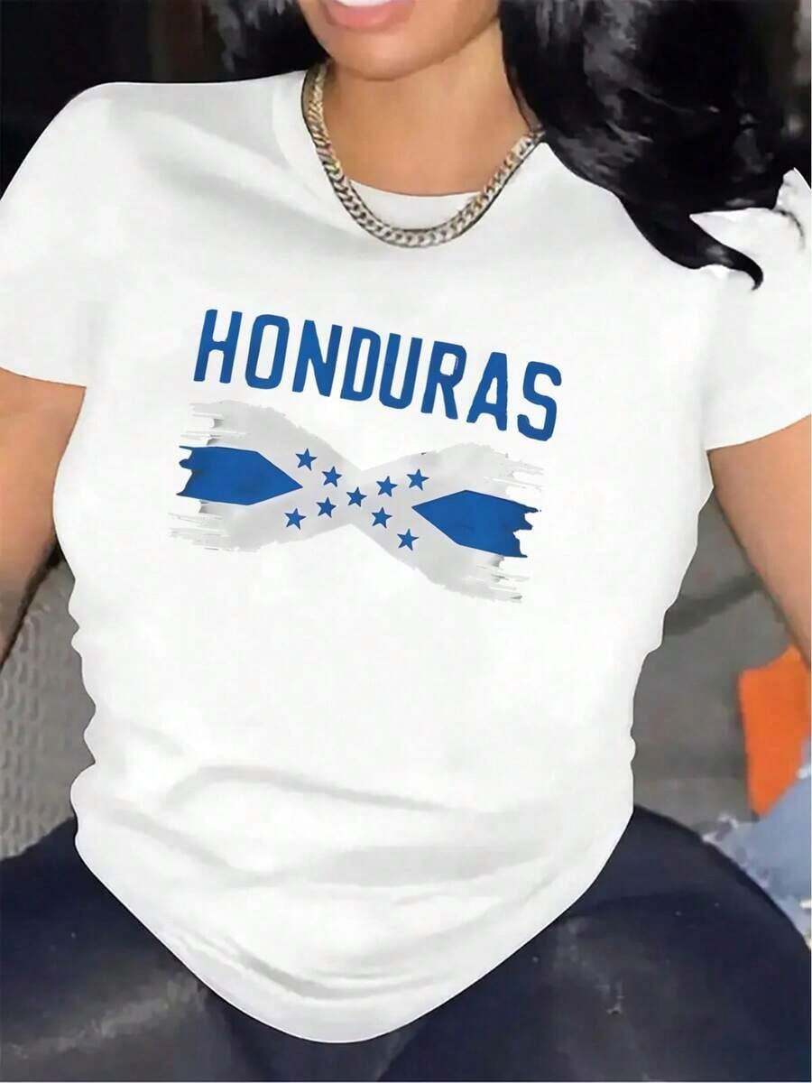 Premium Women's Short-Sleeved T-Shirt With A Honduran Flag Design, Made Of Lightweight Fabric, Suitable For Wearing At Home Or Casual Outings To Restaurants. Offering Durability And Comfort, With A Blue Pattern Print. Simple, Breathable, And Comfortable Solid-Color T-Shirt; Everyday Casual Top. - 白色 - 查看 1