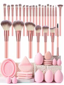 42pcs Complete Makeup Brush & Beauty Sponge Set, Soft Synthetic Brushes For Foundation, Eyeshadow, Blush & Powder, With Cleaning Pad, Professional Makeup Tools For Beginners & Pros - Pink - View 1