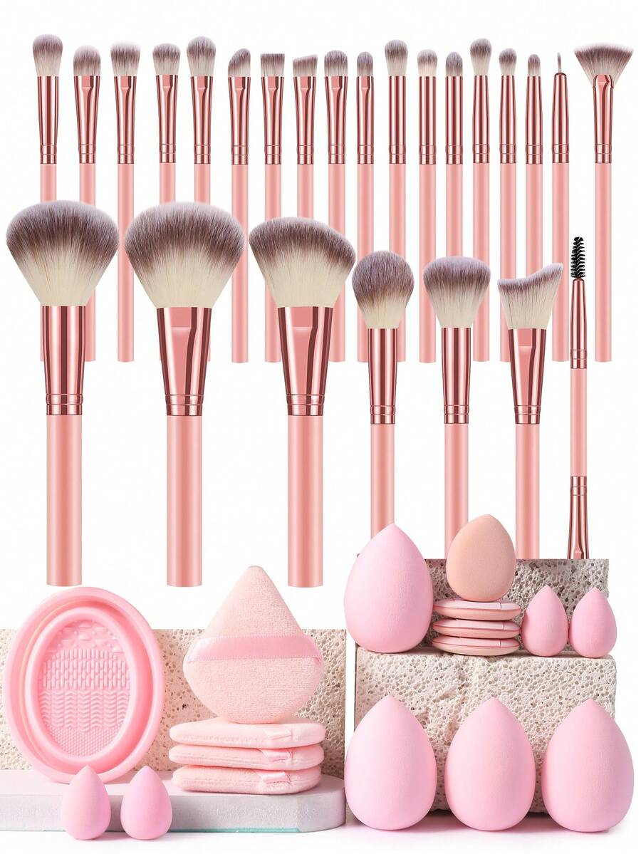 42pcs Complete Makeup Brush & Beauty Sponge Set, Soft Synthetic Brushes For Foundation, Eyeshadow, Blush & Powder, With Cleaning Pad, Professional Makeup Tools For Beginners & Pros - Pink - View 1