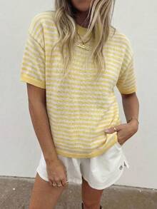 HoloChill Women's Young Influencer Casual Style Color Block Round Neck Short Sleeve Pullover Knit Top, Summer Casual 2026 New Versatile Thin Knit Short Sleeve Round Neck Ribbed Striped Basic Top, Summer Top, Women's Spring Clothing, Women's Holiday Party Top, Women's Beach Outfit, Women's Outing Top, Women's Elegant Top, Summer Vacation Outfit, World Cup, Prom, Luxury - Yellow - View 3
