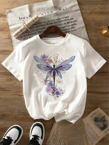 Soft 100% Cotton T-Shirt. Women's Casual Short Sleeve T-Shirt - Floral And Dragonfly Print, Round Neck, Breathable Semi-Sheer Fabric With Contrasting Color Blocking, Regular Fit H-Silhouette For Summer And All Seasons, All Season Fashion, Medium Stretch Fabric. - 白色 - 查看 2