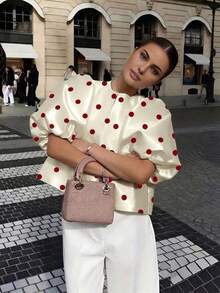 2026 Spring/Summer New Fashionable Elegant Sexy French Retro Casual Street Business Office Wear Daily Commute Satin Round Neck Puff Sleeve White Blouse, Polka Dot Blouse, Women's Valentine's Day Outfit - Red and White - View 5