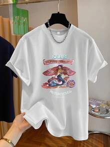 Camiseta suave 100% algodón [Orientación Circular] Camiseta estampada de moda para mujer, suave y versátil, con diseño de sirena voladora y motocicleta. Suave y cómoda, camiseta estampada de manga corta, adecuada para uso casual, tops de moda para todas las estaciones. Camiseta de algodón transpirable, combina con todo. - Blanco - Ver 6