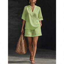 (Free Shipping)2026 Spring/Summer Women's Solid Color V-Neck Linen-Cotton Casual Top And Shorts Two-Piece Set - Blue - View 7