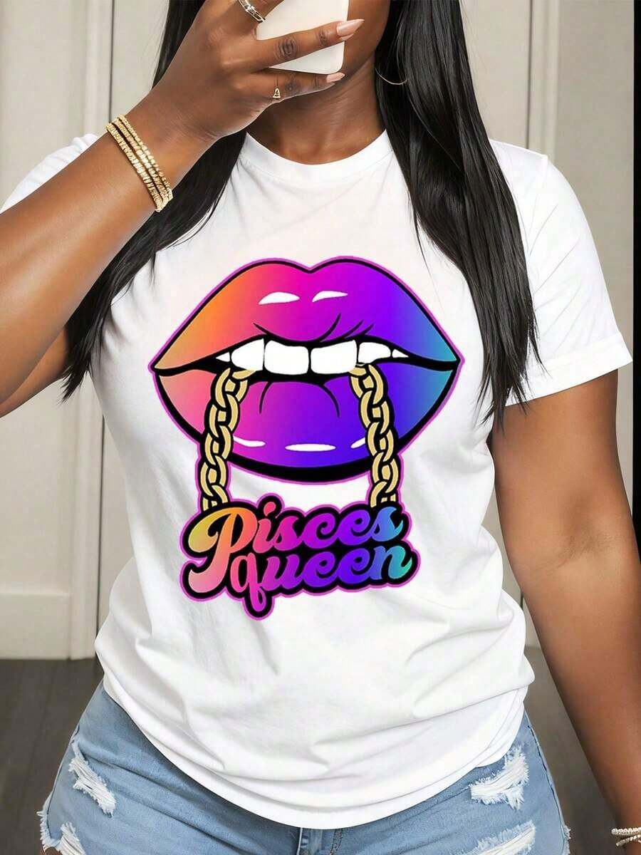 Women's Graphic T-Shirt With Pisces Queen Rainbow Lips Design And Gold Chain, Fashionable Zodiac Sign Top, Casual Wear, Birthday Gift Idea, Summer Clothes - 白色 - 查看 1
