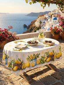 1 Set Lemon & Sunflower Printed Tablecloth, Mediterranean Summer Style, Made Of High-Quality Polyester Fabric, Round/Oval Shape, Waterproof, Oil-Proof, Wrinkle-Resistant, Dust-Proof, Reusable And Washable, Decorated With Ruffled Lace Trim, Soft And Durable, Suitable For Indoor And Outdoor, Daily Dining Room Decor - Multicolor - View 8