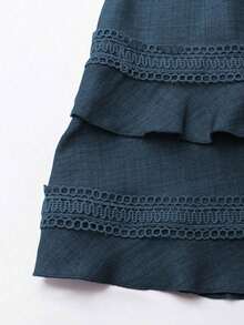 Clasi Vestido mini de manga abullonada con ribete de encaje de unicolor para mujer, para verano - Niebla azul - Ver 4