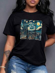 Paisaje urbano nocturno vibrante con rascacielos y un cielo estrellado arremolinado. Esta fusión de energía urbana y magia cósmica crea una atmósfera onírica cautivadora Camiseta de mujer 100% algodón,maija mujer curvy. - Negro - Ver 7