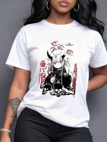 Enigmatic Oni Figure With Scarlet Eyes, Curved Horns, And Albino Hair Wears Alternative Attire And Skulls, Symbolizing Mysticism, Power, And A Rebellious Spirit-Perfect For Those Seeking A Bold Expression. Women's T-Shirt, 100% Cotton, Maija Curvy Women. - 白色 - 查看 7