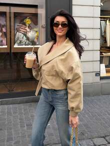 Women's Spring Khaki Loose Waist Tie Long Sleeve Casual Work Jacket Short Trench Coat Autumn Jacket - Khaki - View 2