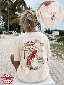 100% Cotton Women'S T-Shirt 2026 - Women's Fashion Top With Double-Sided Print, Summer Clothing, Chinese Style, Koi Fish And For Lotus Flower Print - 杏色 - 查看 1
