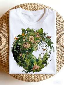 Unisex Bohemian T-Shirt - Soft Vintage Design For Earth Day 2023, With Forest Plant, Mushroom, Fox And Elf Prints - Loose Fit Crew Neck T-Shirt, Ideal For Outdoor Festivals, Plus Sizes - 白色的 - 查看 8