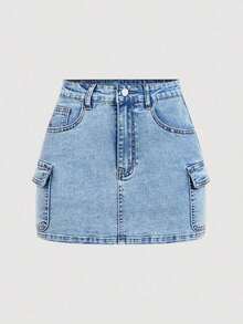 Minifalda casual cargo de mezclilla lavada para mujer - Lavado ligero - Ver 1
