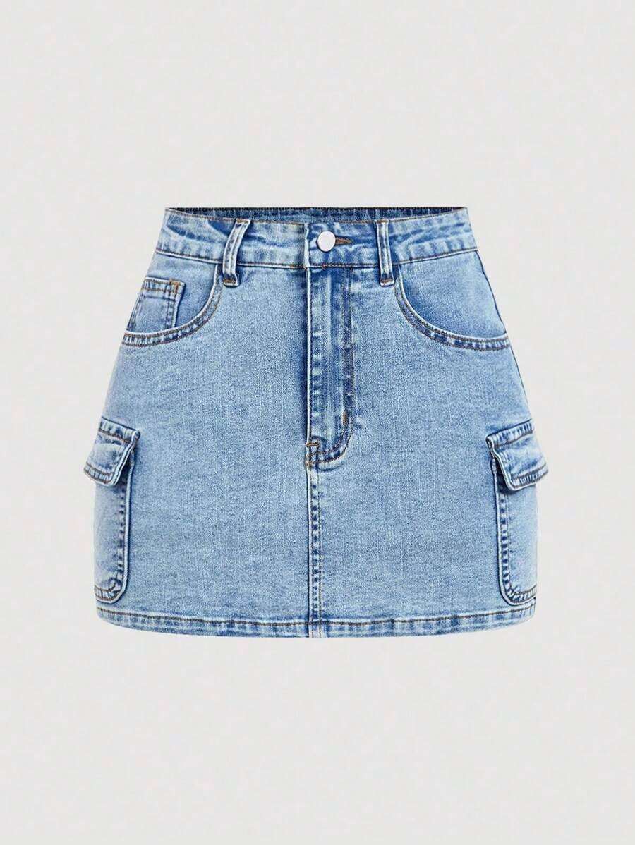 Minifalda casual cargo de mezclilla lavada para mujer - Lavado ligero - Ver 1