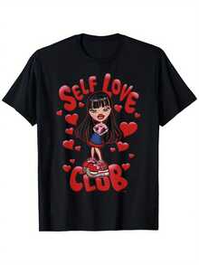 The Jade Band's "Self Love Club" Graphic Tee, Featuring Red Hearts And The Text "SELF LOVE CLUB," 100% Cotton, 180g Fabric Weight, Perfect Gift For Men, Women, And Friends, Sizes S-XXXL, Fun And Comfortable Casual Graphic Tee. Y2k T-Shirt - 黑色 - 查看 1