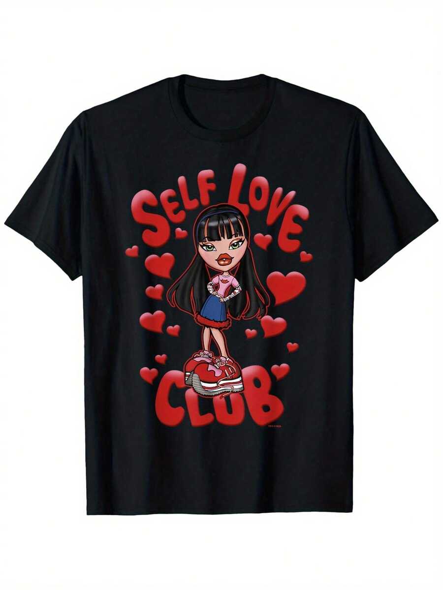 The Jade Band's "Self Love Club" Graphic Tee, Featuring Red Hearts And The Text "SELF LOVE CLUB," 100% Cotton, 180g Fabric Weight, Perfect Gift For Men, Women, And Friends, Sizes S-XXXL, Fun And Comfortable Casual Graphic Tee. Y2k T-Shirt - 黑色 - 查看 1