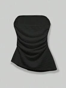 Top bandeau ajustado minimalista casual de mujer, bajo asimétrico, estampado de lunares, conjunto de verano - Negro - Ver 2