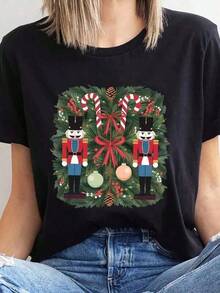 mujer Camiseta deportiva de manga corta para mujeres de talla grande con ilustración festiva de cascanueces    Diseño exquisito    Suelto y cómodo    Fácil de combinar  Children's clothing - Negro - Ver 7