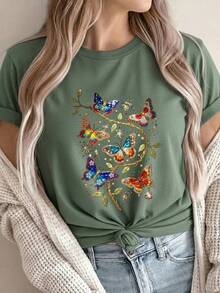 Camiseta Deportiva Casual de Alta Calidad para Mujer al por Mayor, Camiseta para Mujer, Deportes y Fitness, Salidas Casuales, Fiesta Universitaria, Diseño Mariposa y Enredadera, Nueva Llegada 2026 - 100% Algodón Transpirable - Verde - Ver 1